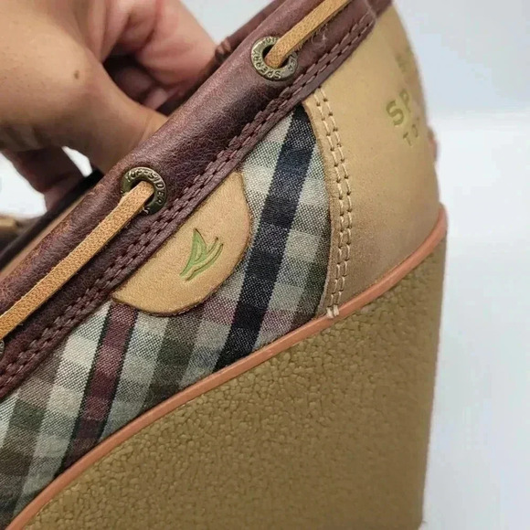 Sperry Top-Sider Wedge Heels Blue Plaid "Goldfish" Size 7.5 M Brown Leather - Picture 8 of 11